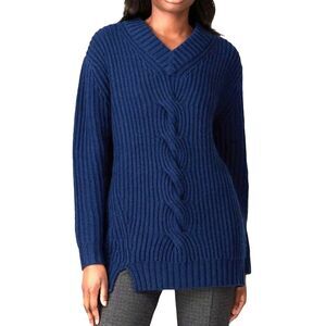 Thakoon Women's Navy V-Neck Chunky Knit Cable Front LS Tunic Sweater Size XL